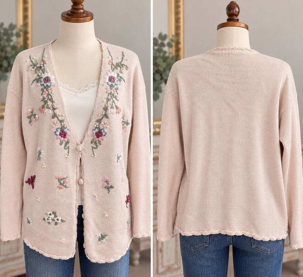 Vintage Shenanigans Floral Embroidered Cardigan Ramie Cotton Cottagecore